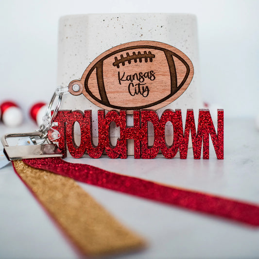 Red & Gold Glitter Touchdown Kansas City Football Spirit Keychain