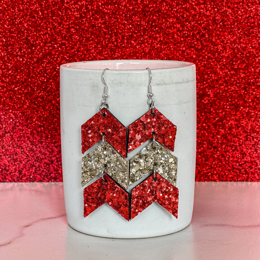 Red & Gold Glitter Cork Leather Triple Chevron Drop Dangle Earrings